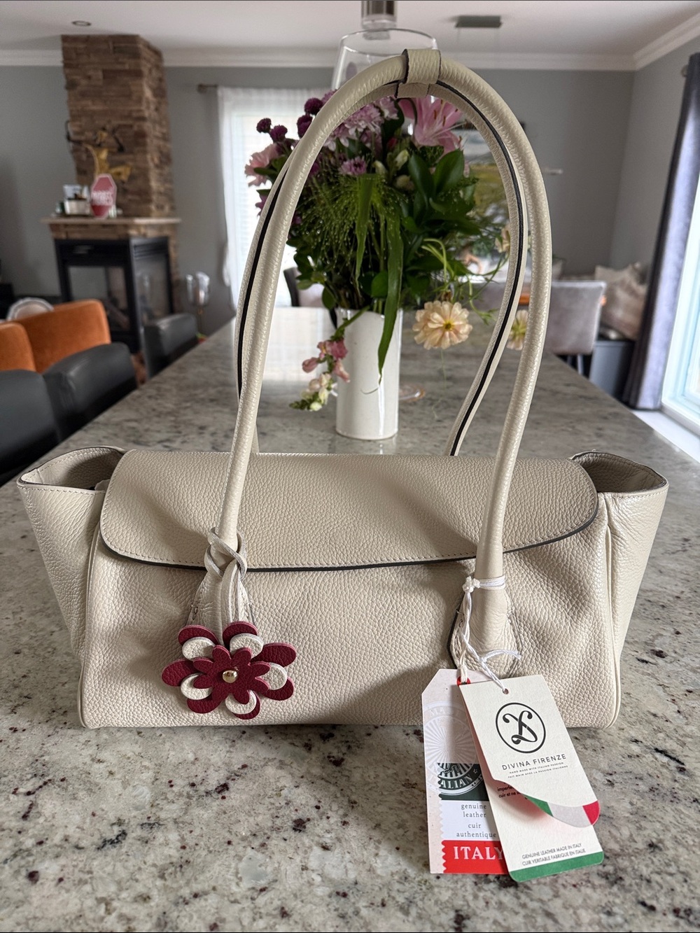 Cream Leather Shoulder Bag with Floral Charm NEW